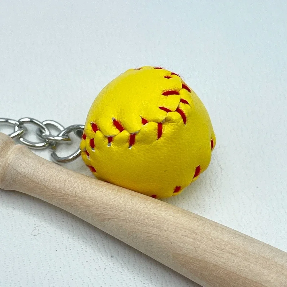 Vintage Silver Tone Mini‎ Yellow Soft Baseball Wood Bat Charm Keychain Statement